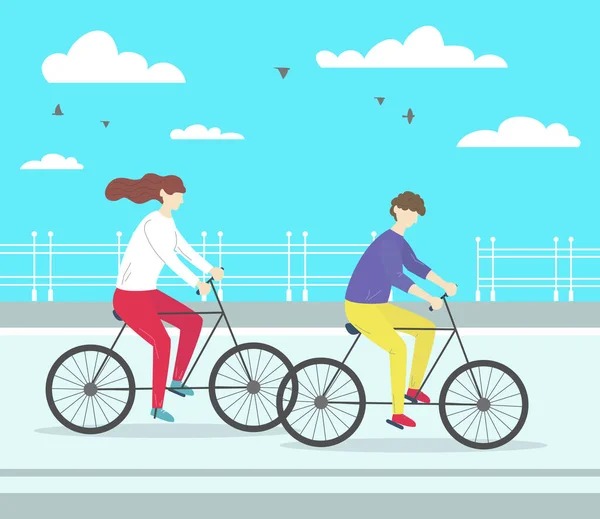Pria Dan Wanita Mengendarai Sepeda Gaya Hidup Sehat Ilustrasi Vektor - Stok Vektor