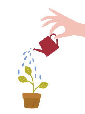 Sulama kabından çiçek sulayan bir insan eli. Vektör illüstrasyonu. 