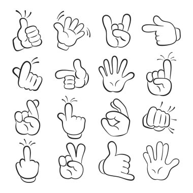 Karikatür insan elinin çeşitli jestleri. Vektör illüstrasyonu.