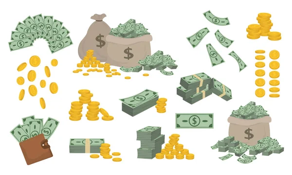 Bir sürü para, dolar ve altın sikke. Vektör illüstrasyonu.