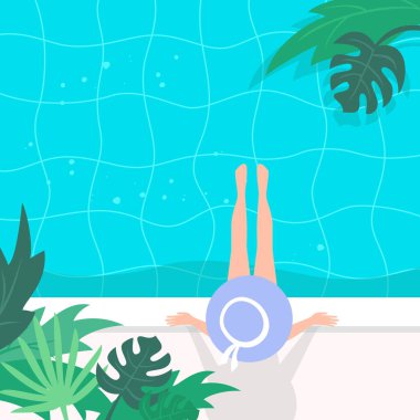 Yüzme havuzunda şapkalı genç bir kadın. Yaz tatili kavramı. Vektör illüstrasyonu.