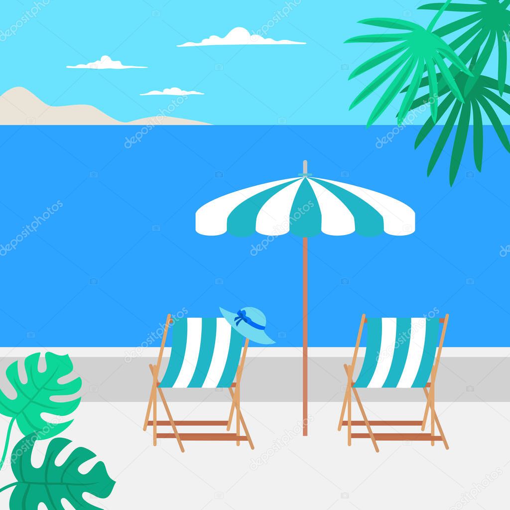Summer vacation concept with umbrella and beach chairs. Vector illustration.