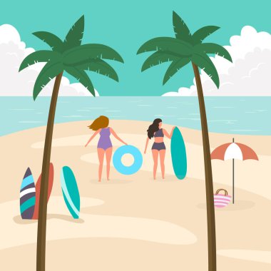 Palmiye ağaçları ve insanlarla dolu deniz manzarası. Tropik plaj, yaz arkaplanı. Vektör illüstrasyonu.