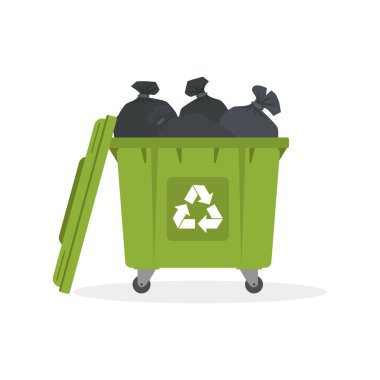 Çöp tenekesi beyaz arka planda çöp dolu. Ekoloji ve geri dönüşüm konsepti. Vektör illüstrasyonu.