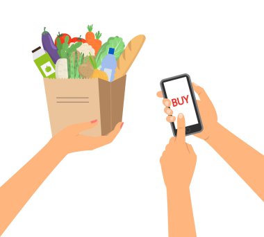 Yiyecek dolu kese kağıdıyla market servisi konsepti. Vektör illüstrasyonu.