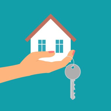 El ele tutuşan ev avuç içinde ve anahtar parmağında. Vektör illüstrasyonu.