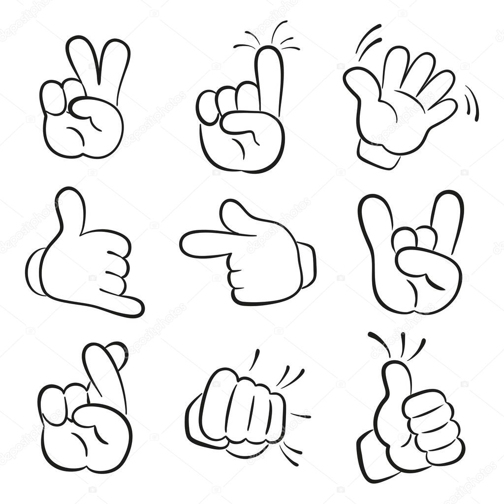 Various gestures of cartoon human hands. Vector illustration.
