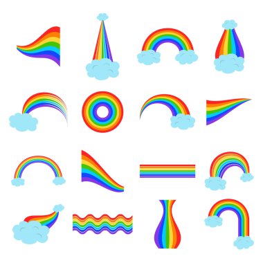 Bulutlu gökkuşağı seti. Vektör illüstrasyonu.