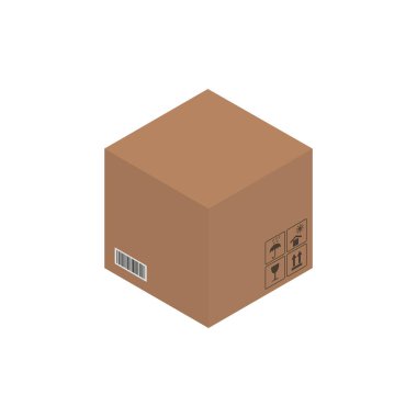 Karton kahverengi kutu, sandık 3D, izometrik kutu. Vektör illüstrasyonu.