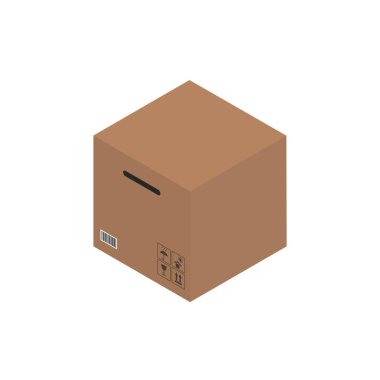 Karton kahverengi kutu, sandık 3D, izometrik kutu. Vektör illüstrasyonu.
