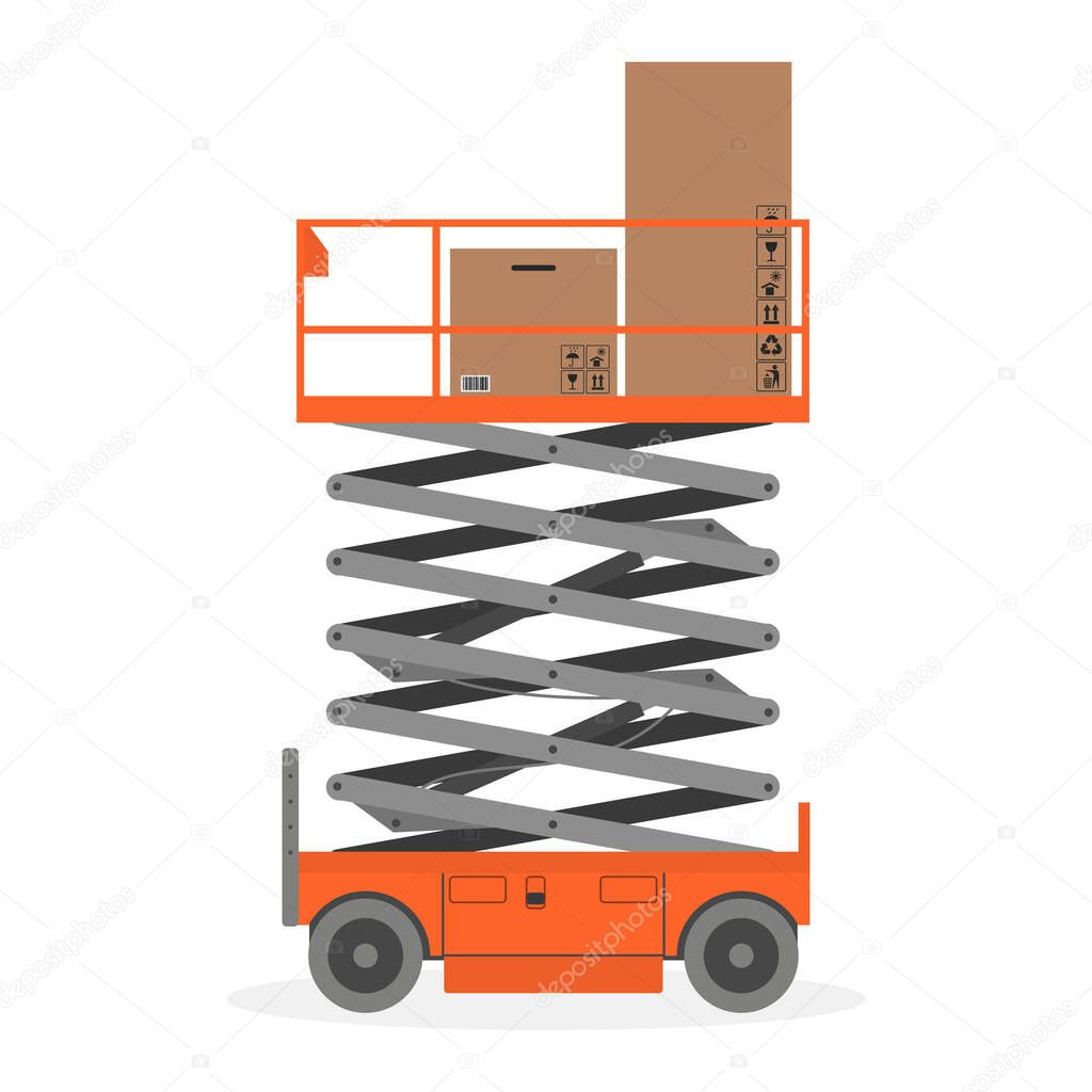 Scissors lift platform with cardboard boxes on white background. Vector illustration.