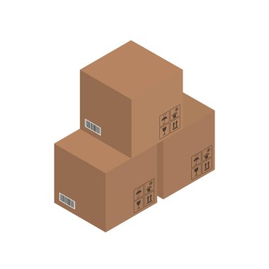 Karton kahverengi kutular, sandık 3D, izometrik kutular. Vektör illüstrasyonu.