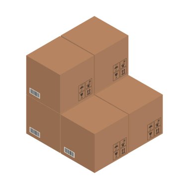 Karton kahverengi kutular, sandık 3D, izometrik kutular. Vektör illüstrasyonu.