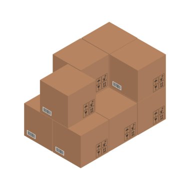 Karton kahverengi kutular, sandık 3D, izometrik kutular. Vektör illüstrasyonu.