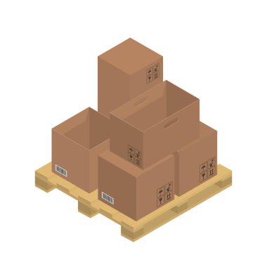 Ahşap palette karton kahverengi kutular, izometrik grafikler. Vektör illüstrasyonu