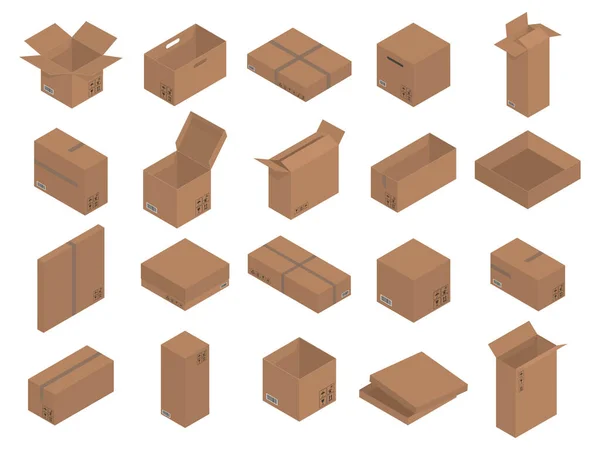 Set Scatole Cartone Marrone Grafica Isometrica Illustrazione Vettoriale — Vettoriale Stock