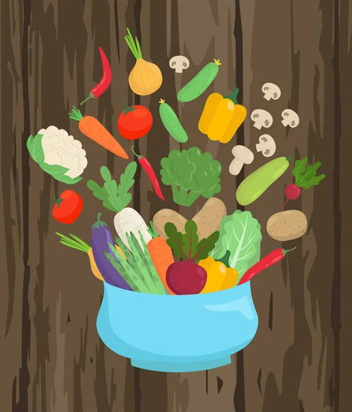 Cuenco Con Verduras Colores Sobre Fondo Madera Concepto Alimentación Saludable — Vector de stock
