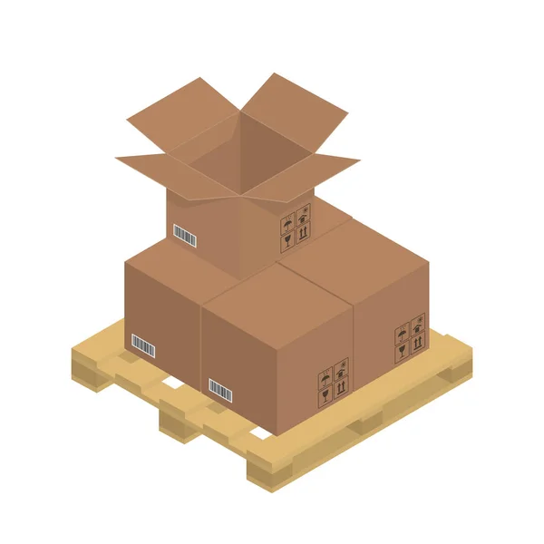 Cardboard Brown Boxes Wooden Pallet Isometric Graphics Vector Illustration — Stock Vector