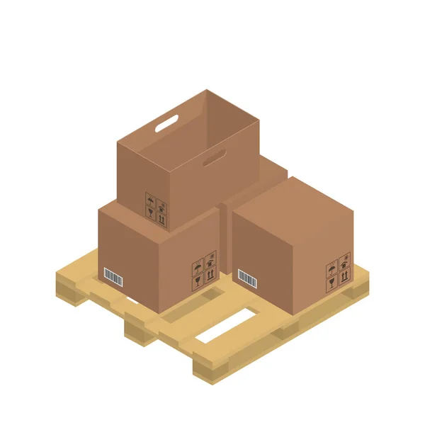 Cardboard Brown Boxes Wooden Pallet Isometric Graphics Vector Illustration — Stock Vector