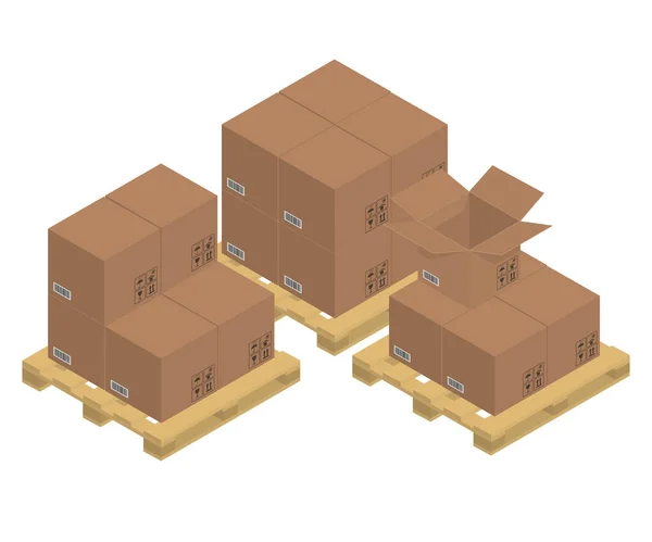 Cajas Marrones Cartón Las Paletas Madera Gráficos Isométricos Ilustración Vectorial — Vector de stock