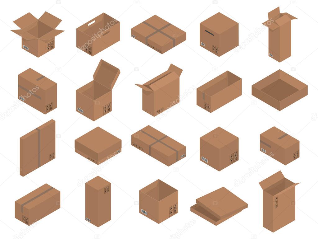 Set of Cardboard brown boxes, isometric graphics. Vector illustration