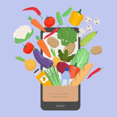 İnternetten alışveriş konsepti, yemek siparişi. Vektör illüstrasyonu