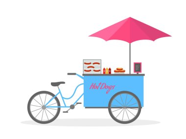 Sosisli sandviç bisikleti, sosisli sandviç arabası, sokak yemeği. Vektör illüstrasyonu.