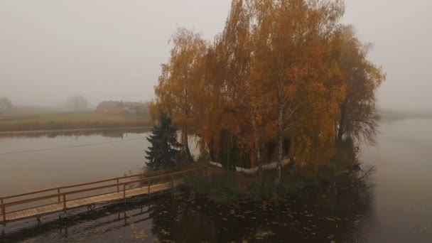 Casa de cuento de hadas en medio del lago en una antena de niebla de otoño por la mañana — Vídeos de Stock