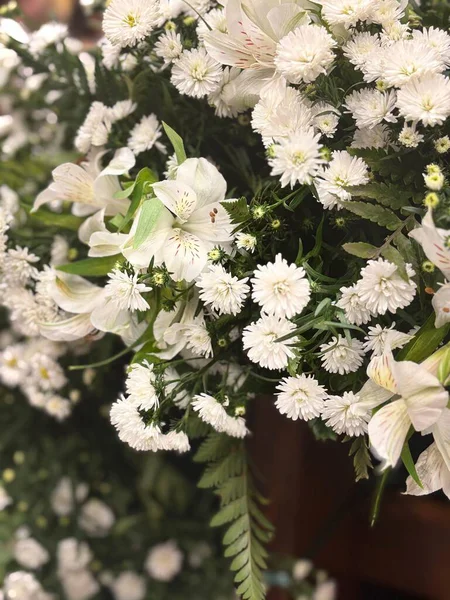 Zambaklar ve kasımpatılar da dahil olmak üzere beyaz çiçeklerle dolu güzel bir çiçek aranjmanı, saflık ve sükunet hissi veriyor. Bulanık arka plan, özel durumlar için mükemmel narin güzelliği vurgular..