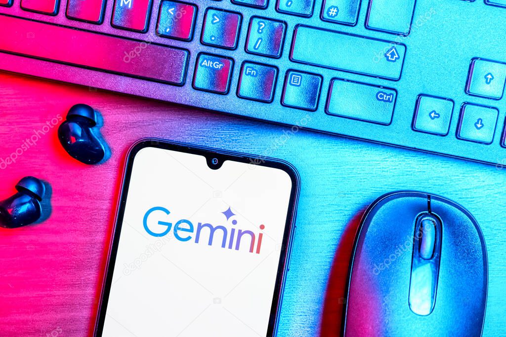 Prague, Czechia - 08 09 2025: A top-down view of a desk with a phone displaying the Gemini logo. Gemini is a platform for cryptocurrency trading and management.