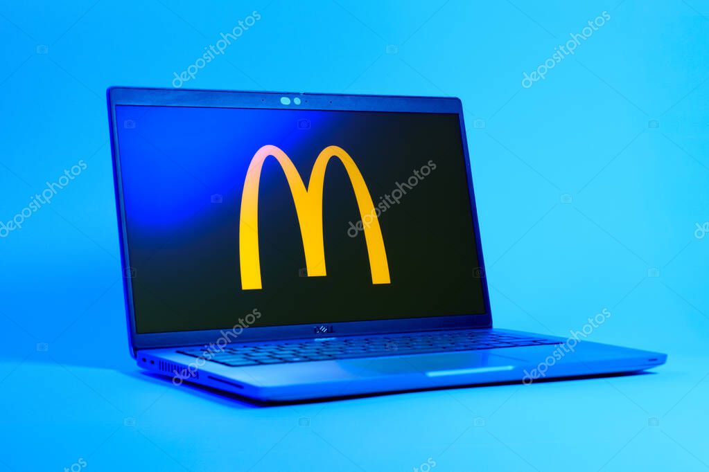 Prague, Czechia - 05 18 2025: A low-angle view of a laptop displaying McDonalds logo. McDonalds is a fast-food chain serving burgers, fries, and more.