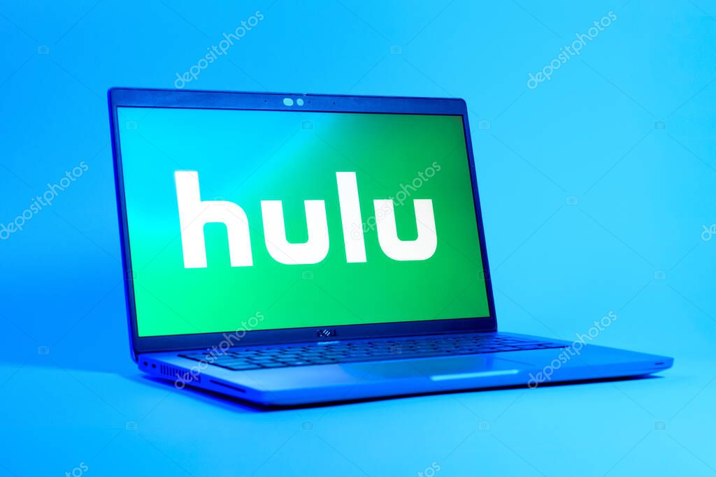 Prague, Czechia - 05 18 2025: A low-angle view of a laptop displaying Hulu logo. Hulu is a streaming platform for TV shows, movies, and live TV.
