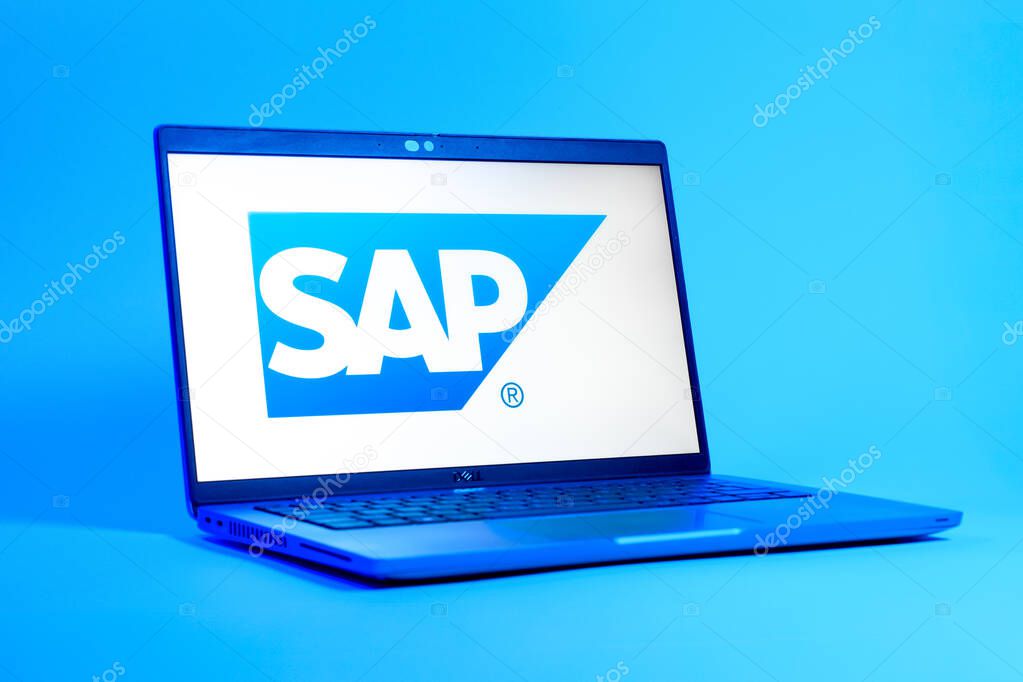 Prague, Czechia - 05 18 2025: A low-angle view of a laptop displaying SAP logo. SAP is a software company providing enterprise applications and solutions.