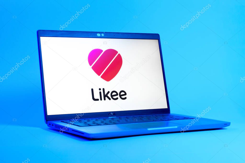 Prague, Czechia - 05 18 2025: A low-angle view of a laptop displaying Likee logo. Likee is a platform for creating and sharing short videos.