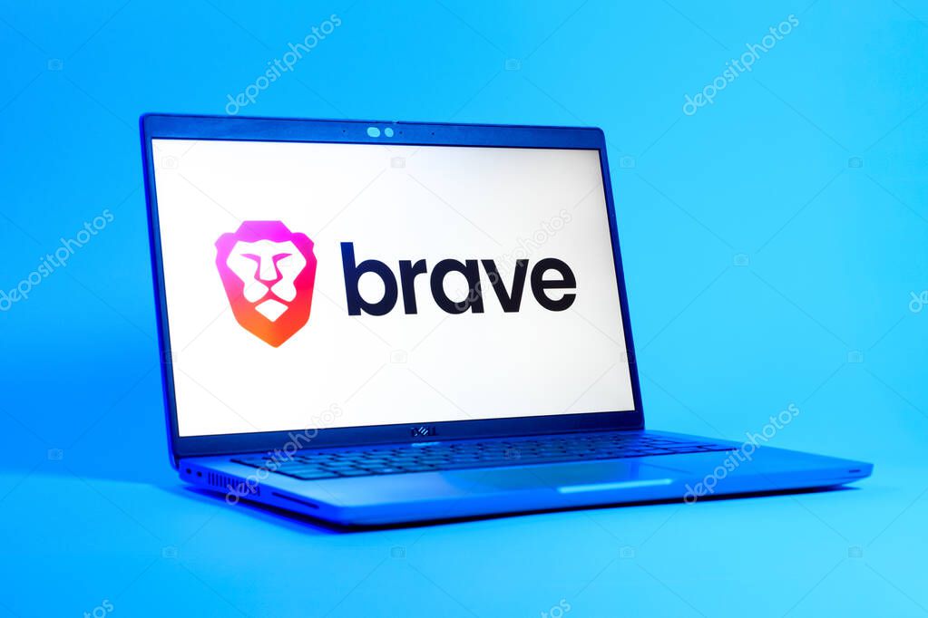 Prague, Czechia - 05 18 2025: A low-angle view of a laptop displaying Brave logo. Brave is a web browser focused on privacy and speed.