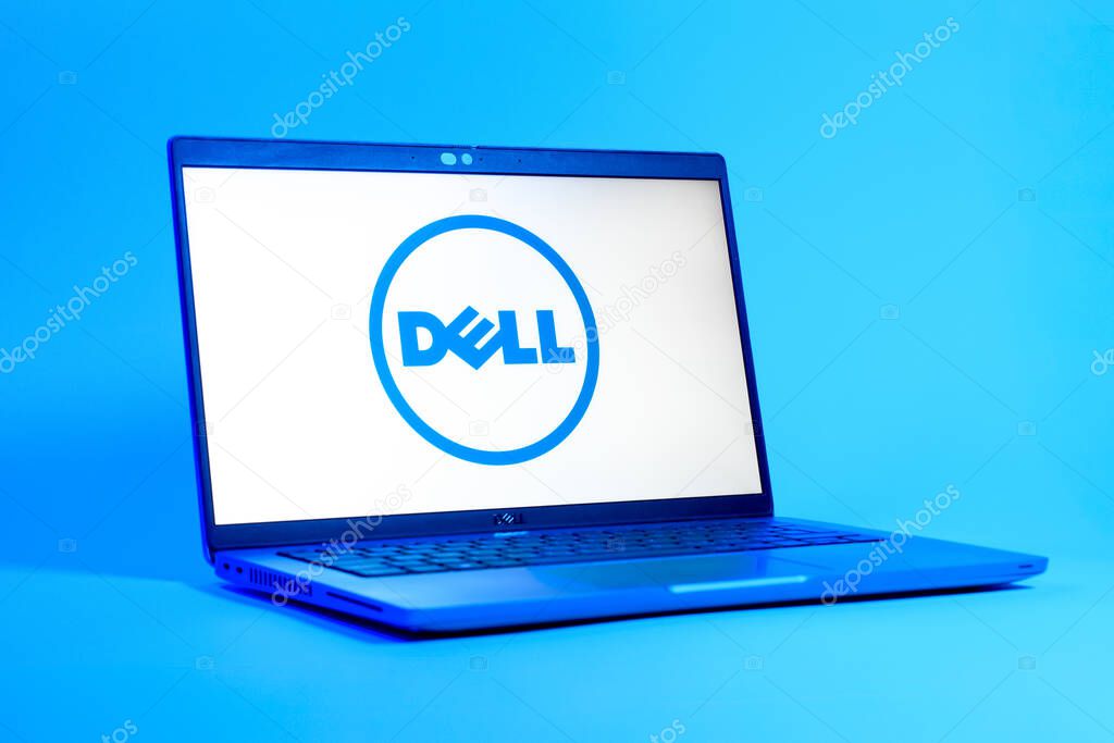 Prague, Czechia - 05 18 2025: A low-angle view of a laptop displaying Dell logo. Dell is a technology company producing computers and IT solutions.
