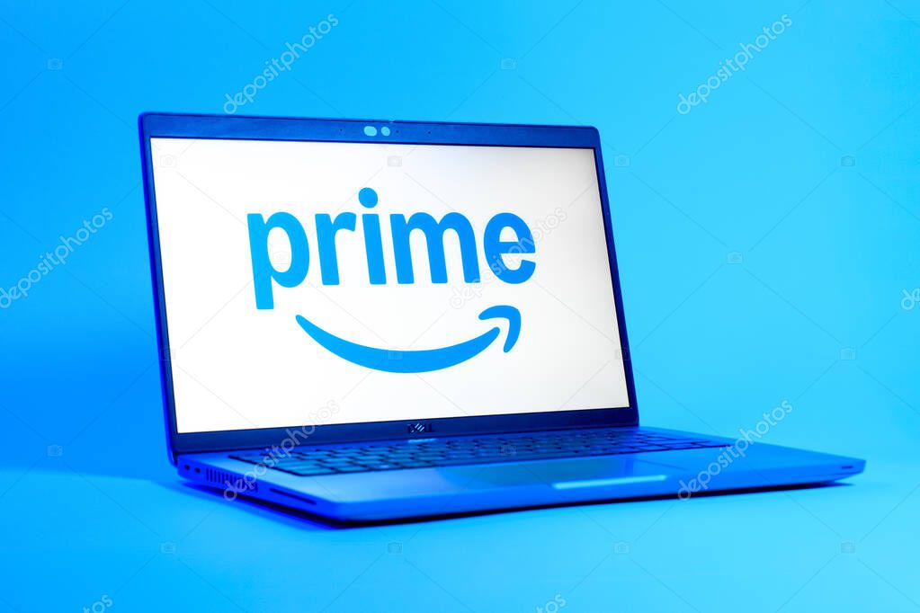Prague, Czechia - 05 18 2025: A low-angle view of a laptop displaying Prime logo. Prime is a subscription service for shopping, streaming, and benefits.