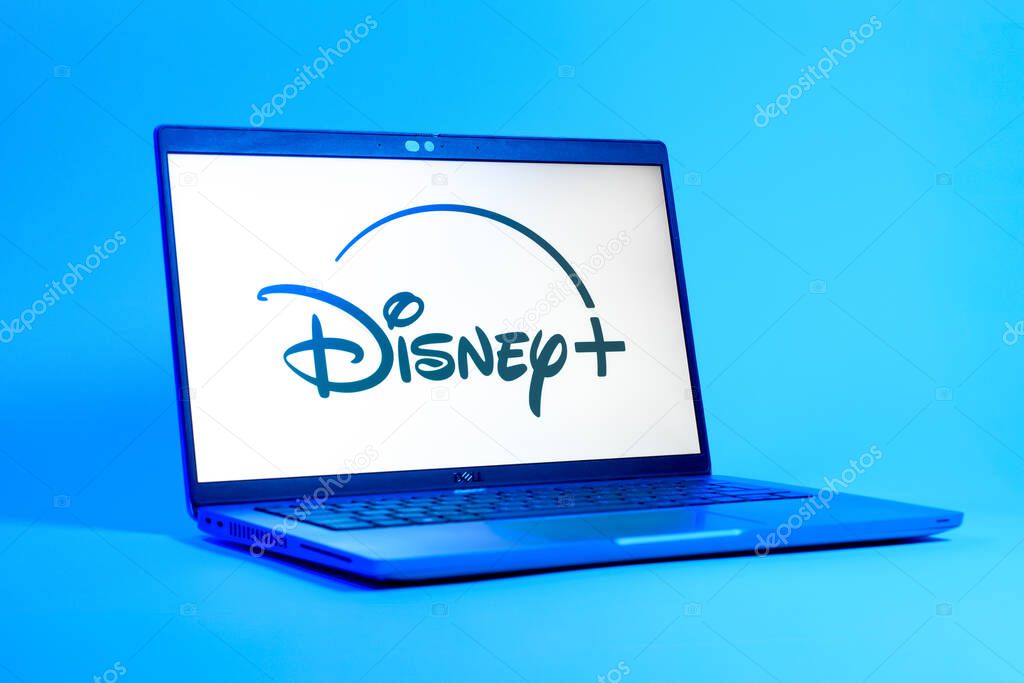 Prague, Czechia - 05 18 2025: A low-angle view of a laptop displaying Disney+ logo. Disney + is a streaming platform for movies and TV shows.