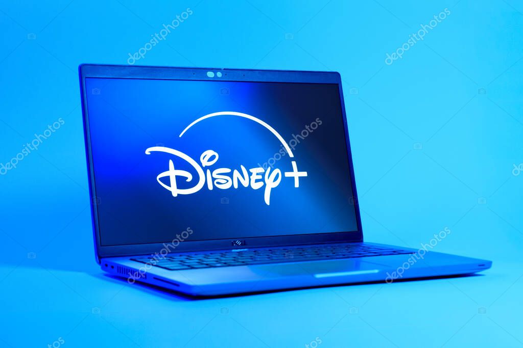 Prague, Czechia - 05 18 2025: A low-angle view of a laptop displaying Disney+ logo. Disney + is a streaming platform for movies and TV shows.