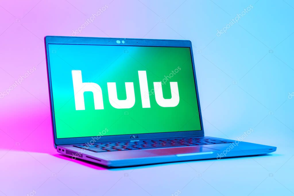 Prague, Czechia - 05 18 2025: A low-angle view of a laptop displaying Hulu logo. Hulu is a streaming platform for TV shows, movies, and live TV.