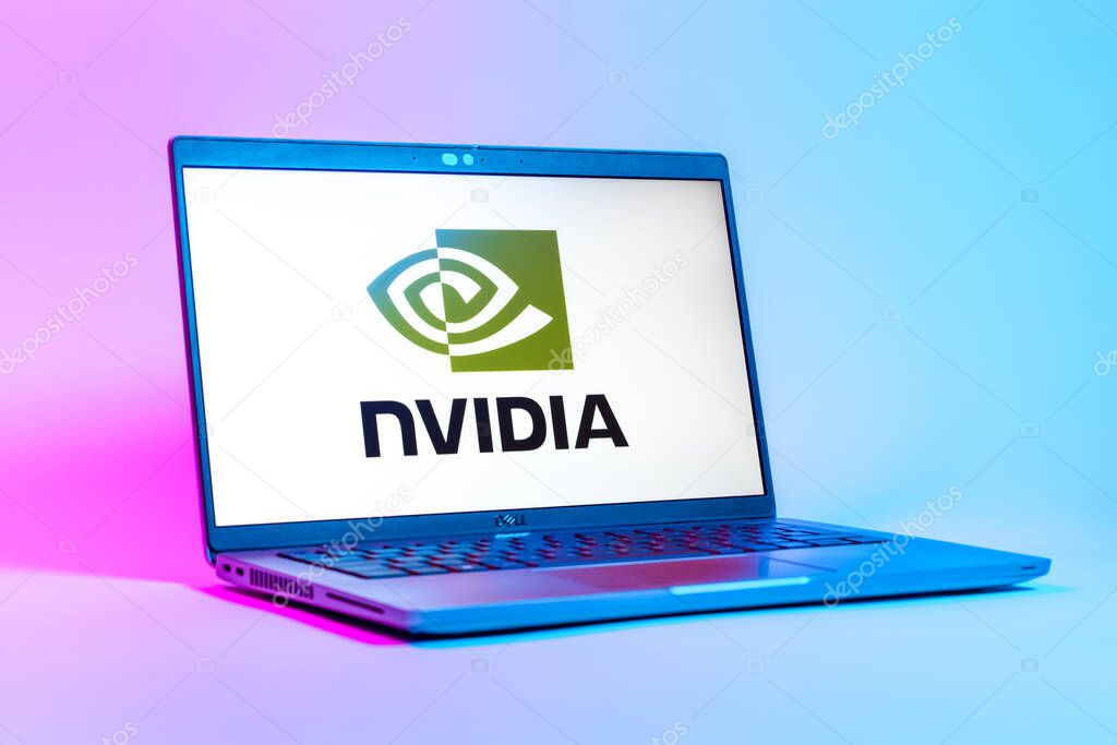 Prague, Czechia - 05 18 2025: A low-angle view of a laptop displaying NVIDIA logo. NVIDIA is a technology company specializing in GPUs and AI hardware.