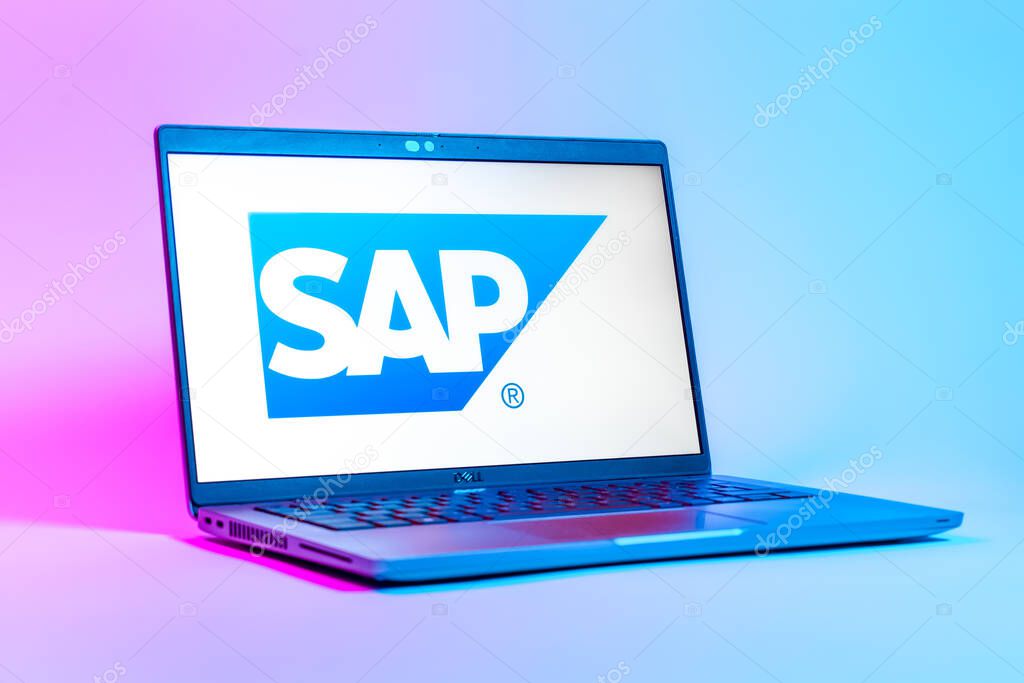 Prague, Czechia - 05 18 2025: A low-angle view of a laptop displaying SAP logo. SAP is a software company providing enterprise applications and solutions.
