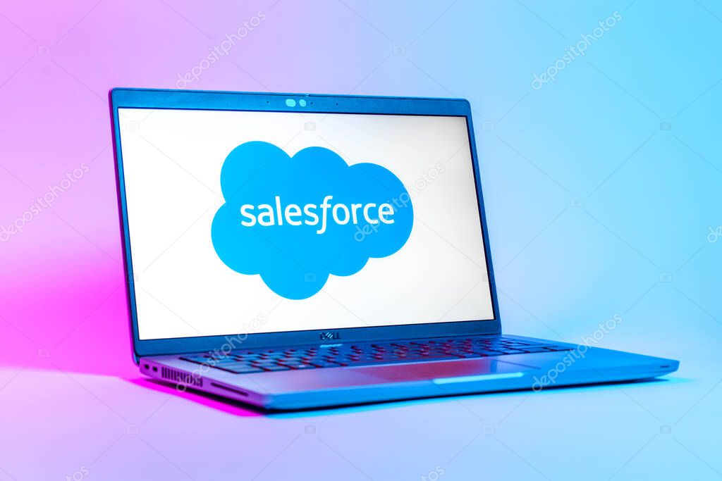 Prague, Czechia - 05 18 2025: A low-angle view of a laptop displaying Salesforce logo. Salesforce is a platform for customer relationship management and cloud services.