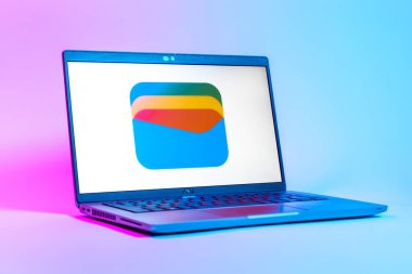Prag, Çek Cumhuriyeti - 05: 18 2025: Google Cüzdan logosunu gösteren bir dizüstü bilgisayarın düşük açılı görüntüsü. Google Cüzdanı dijital ödeme yöntemlerini depolamak ve kullanmak için bir platformdur.
