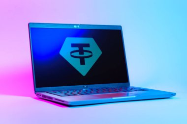 Prag, Çek Cumhuriyeti - 05: 18 2025: Bağlantı logosunu gösteren dizüstü bilgisayarın düşük açılı görüntüsü. Bağlayıcı, ABD dolarına bağlı dijital bir kripto para birimi..