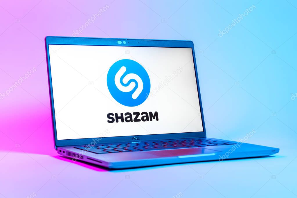 Prague, Czechia - 05 18 2025: A low-angle view of a laptop displaying Shazam logo. Shazam is an app for identifying songs and music tracks.