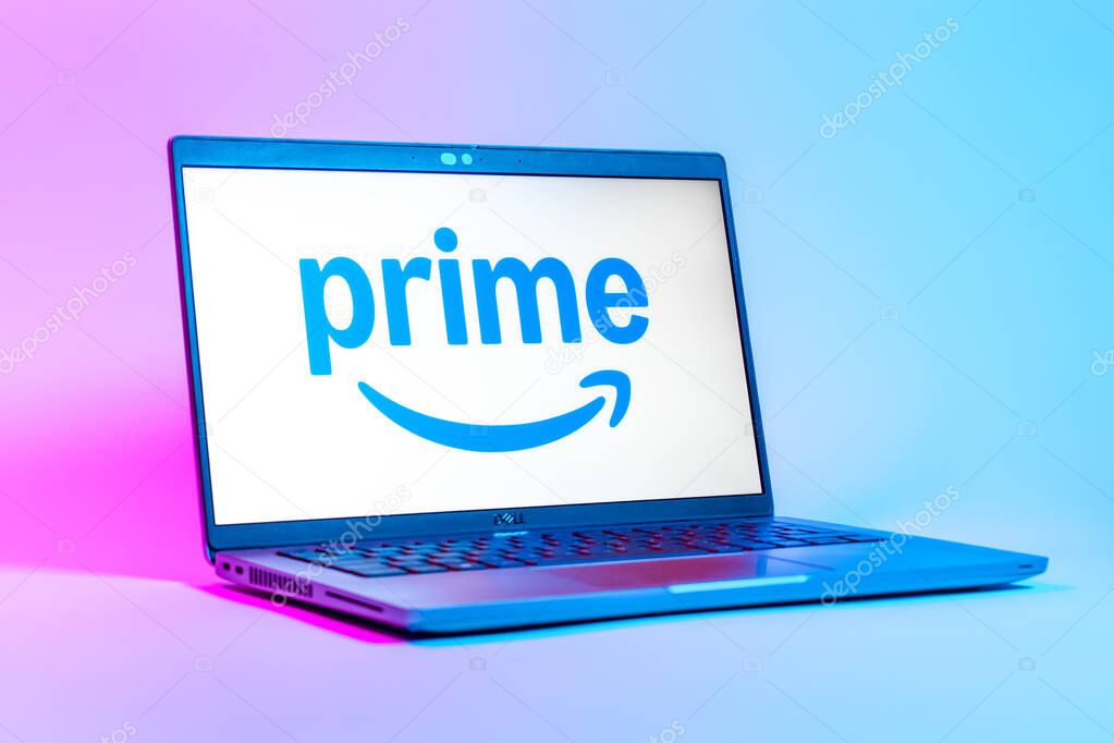 Prague, Czechia - 05 18 2025: A low-angle view of a laptop displaying Prime logo. Prime is a subscription service for shopping, streaming, and benefits.