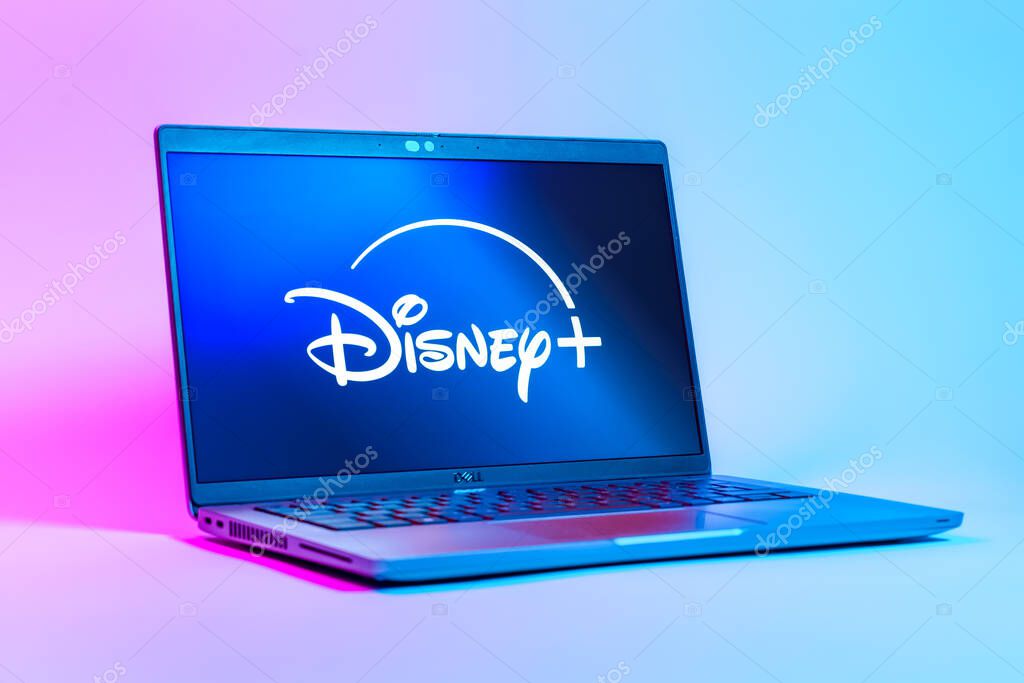Prague, Czechia - 05 18 2025: A low-angle view of a laptop displaying Disney+ logo. Disney + is a streaming platform for movies and TV shows.