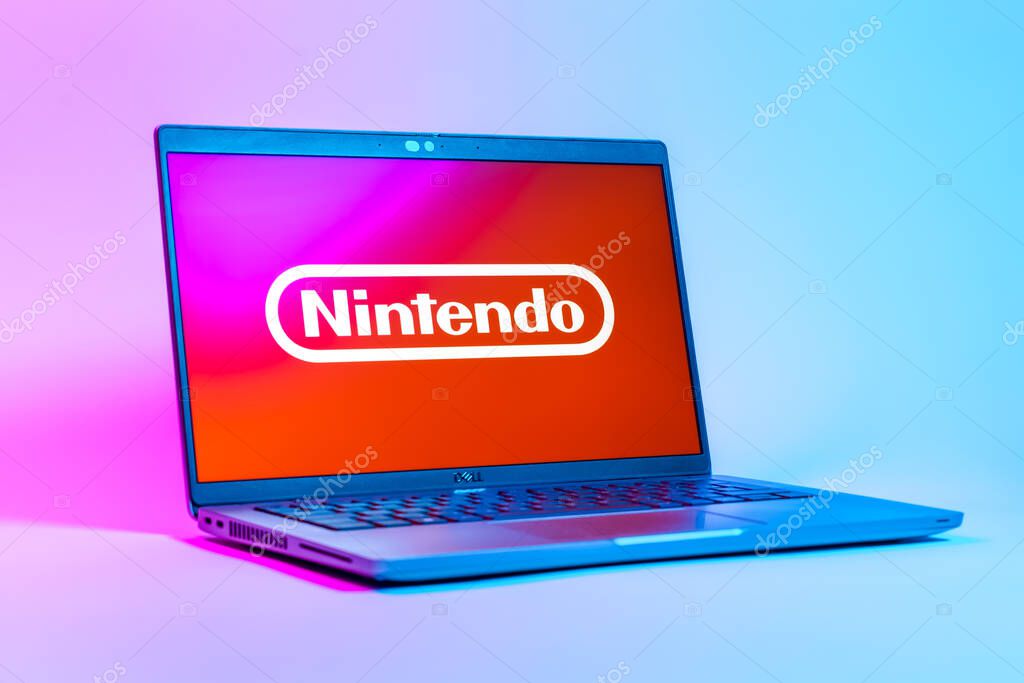 Prague, Czechia - 05 18 2025: A low-angle view of a laptop displaying Nintendo logo. Nintendo is a company producing video game consoles and games.