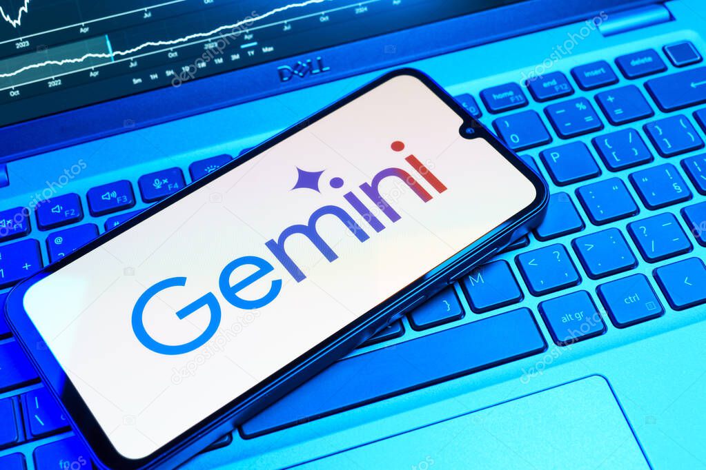 Prague, Czechia - 08 18 2025: A mobile phone on a keyboard displays Gemini logo. Gemini is a platform for cryptocurrency trading and management.